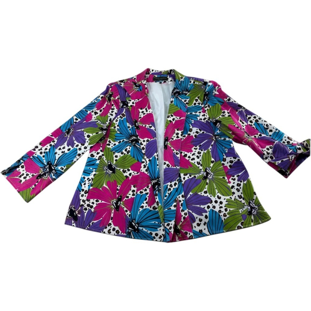 Vintage Harve Benard Woman Floral Leopard Print Blazer 3/4 Sleeve Open Front XL